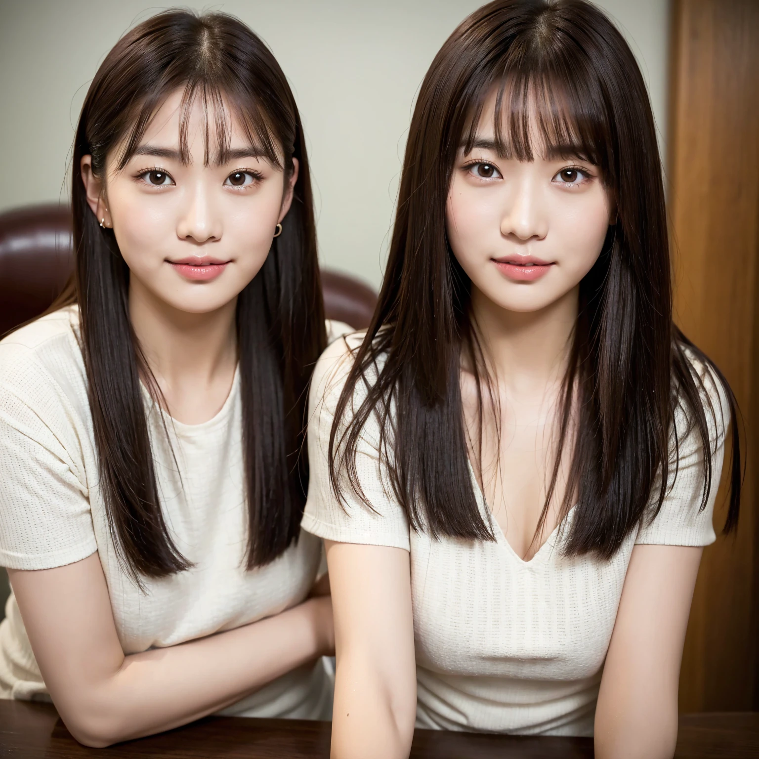 (8K), (Highest quality: 1.2), (Realistic), (Realistic: 1.37), Ultra-high resolution, 1 Girl, cute, smile, Mouth closed, Beautiful details, Beautiful Nose, whole body, Wet Hair, Giant Dalcefo, pork, , Thighs、Highest quality, 20-year-old,One beautiful woman, 250mm lens、(Dark brown straight hair)、Long Hair、With bangs、Japanese women、(Dark brown hair)、Various poses、Looking into the camera、Natural color lip、indoor、Short sleeve、White skin、Big round eyes、Round face