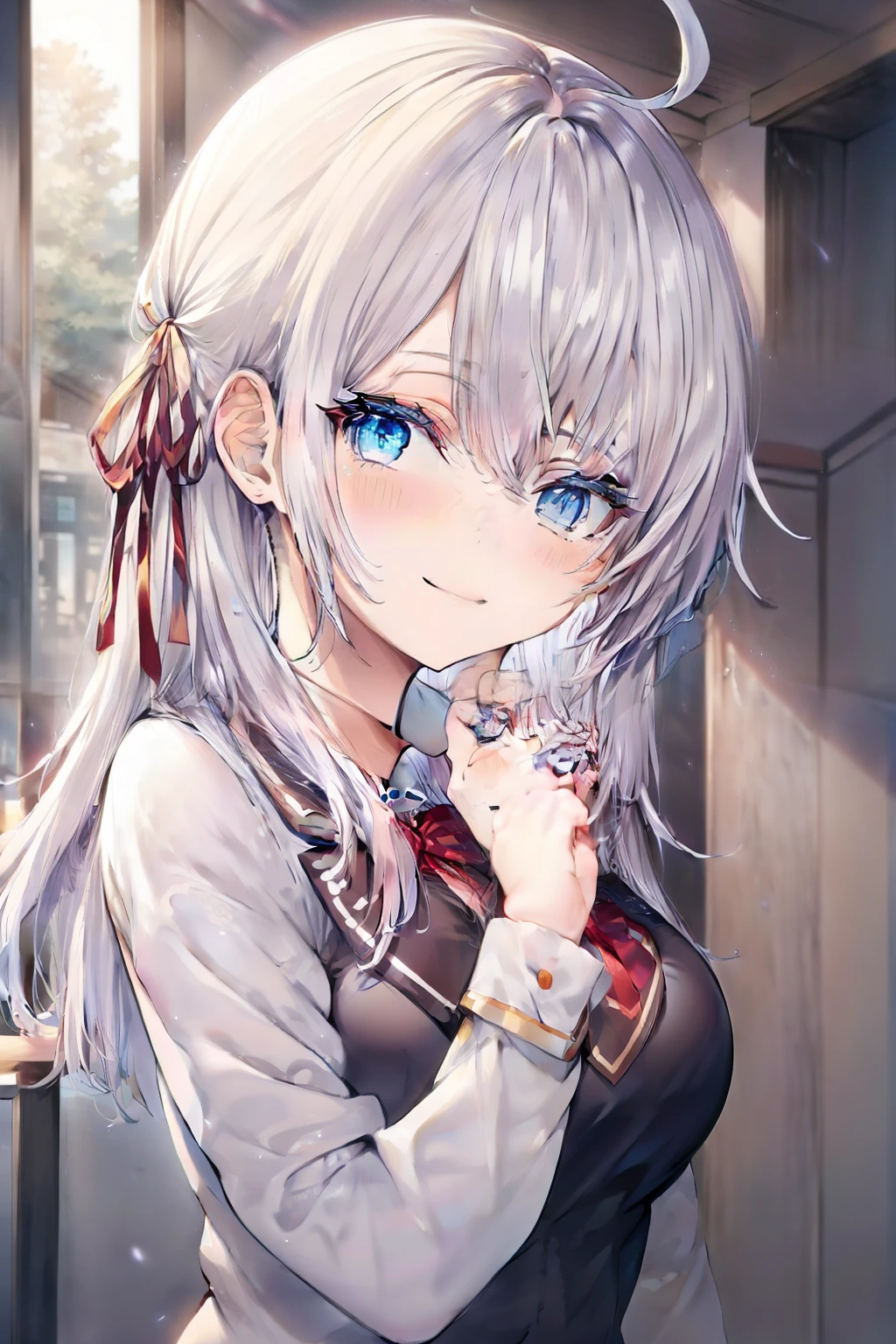 Alisa Mikhailovna Kujou、blush,smile、Silver Hair、Blue Eyes、uniform、Red ribbon、Ahoge、Usual hairstyle、Highest quality, High resolution, unity 8k wallpaper, (shape:0.8), (Beautiful and beautiful eyes:1.6), Highly detailed face, Perfect lighting, Highly detailed CG, (Perfect hands, Perfect Anatomy),