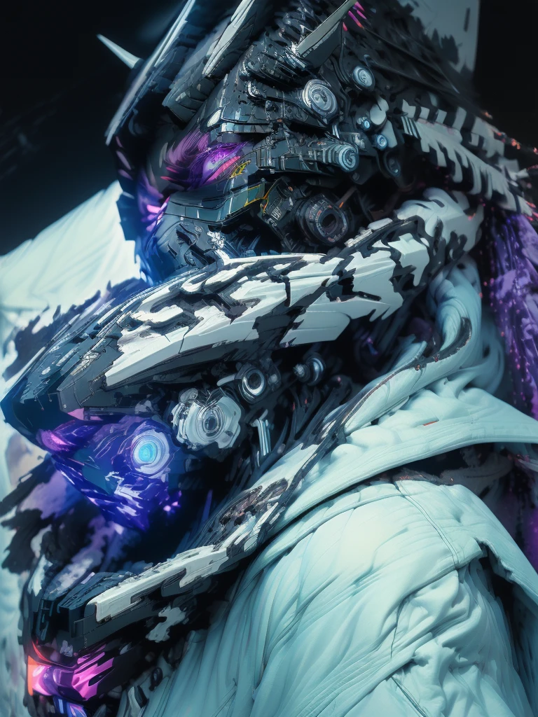 (((Top quality, 8k, masterpiece)) bold lines, aggressive, anime artstyle, professional photography, low aperture, subject in focus, robot, gundam style mech, in white flowing urban punk style jacket and black, purple eyes, space background with stars and planets