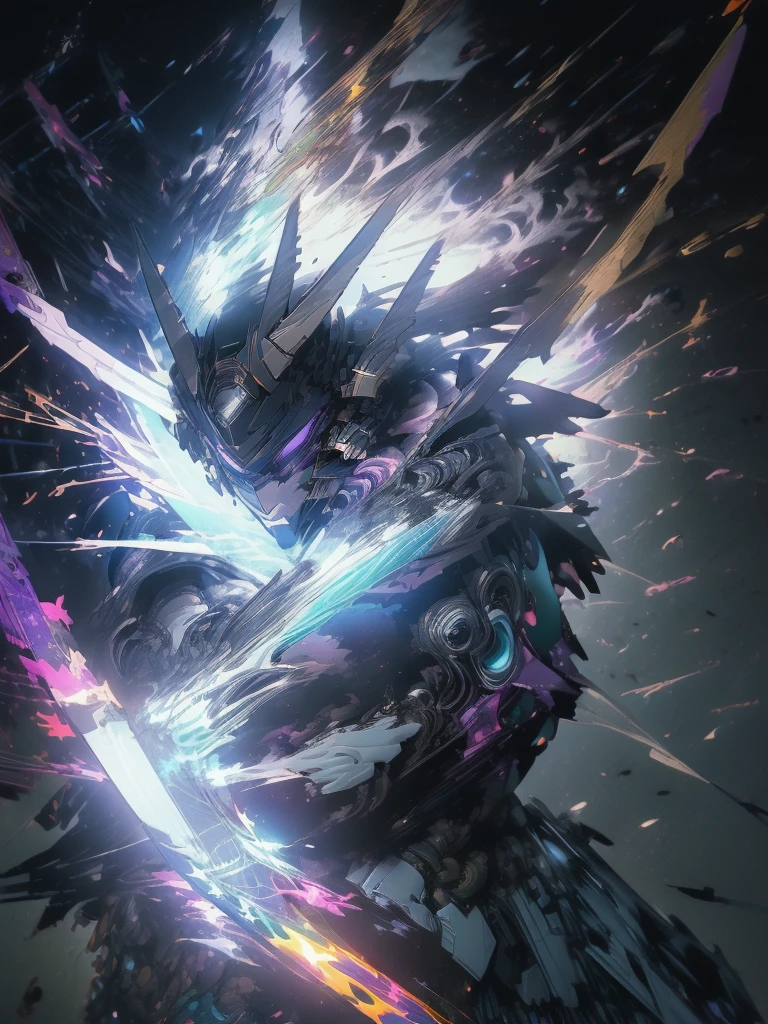 (((Top quality, 8k, masterpiece)) bold lines, aggressive, anime artstyle, professional photography, low aperture, subject in focus, robot, gundam style mech, in white flowing urban punk style jacket and black, purple eyes, space background with stars and planets