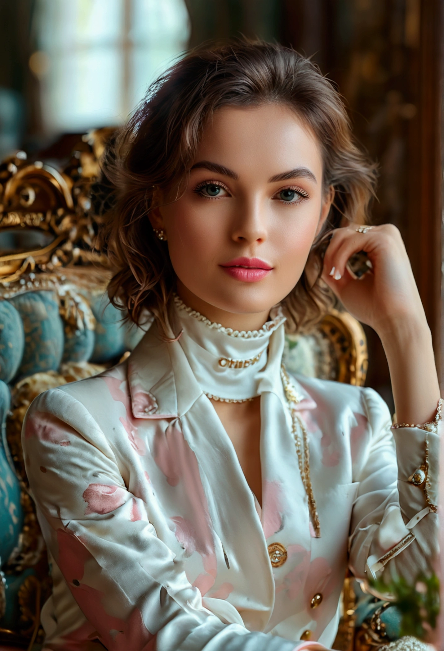 a beautiful slim and healthy woman with a happy expression, satisfied with your body, wearing high-waisted, high-rise tailoring pants in light pink, a white high-neck blouse tucked in at the neck, an elegant chanel style blazer in plain jacquard in dark pink, in a bright environment sitting on a chair posing for a photo ,  (best qualityer,4K,8K,high resolution,work of art:1.2),ultra detali,(realisitic,photorealisitic,photo-realisitic:1.37),hdr,ultra HD,natural lighting,ultra-fine painting,sharp focus,physically based rendering,extreme detailed description,proffesional,bright coloured,bokeh,portraits,fot