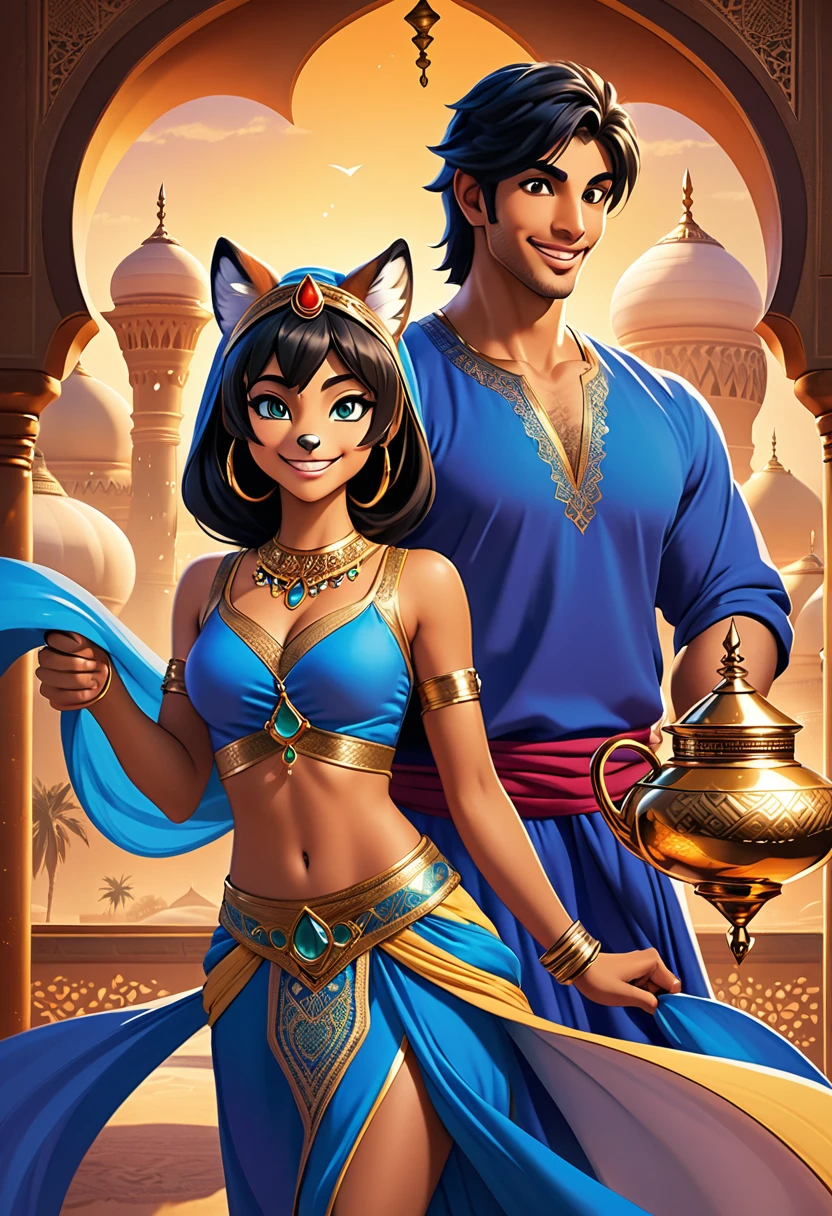 movie poster, highres, top quality, best quality, paid reward available, unparalleled masterpiece, perfect artwork, absurdres, High-quality illustrations, super high resolution, detailed background, perfect anatomy(1girl, 1boy, couple, kemono, furry anthro, fearless smile, Arab national costume, love romance)Aladdin and the magic lamp,