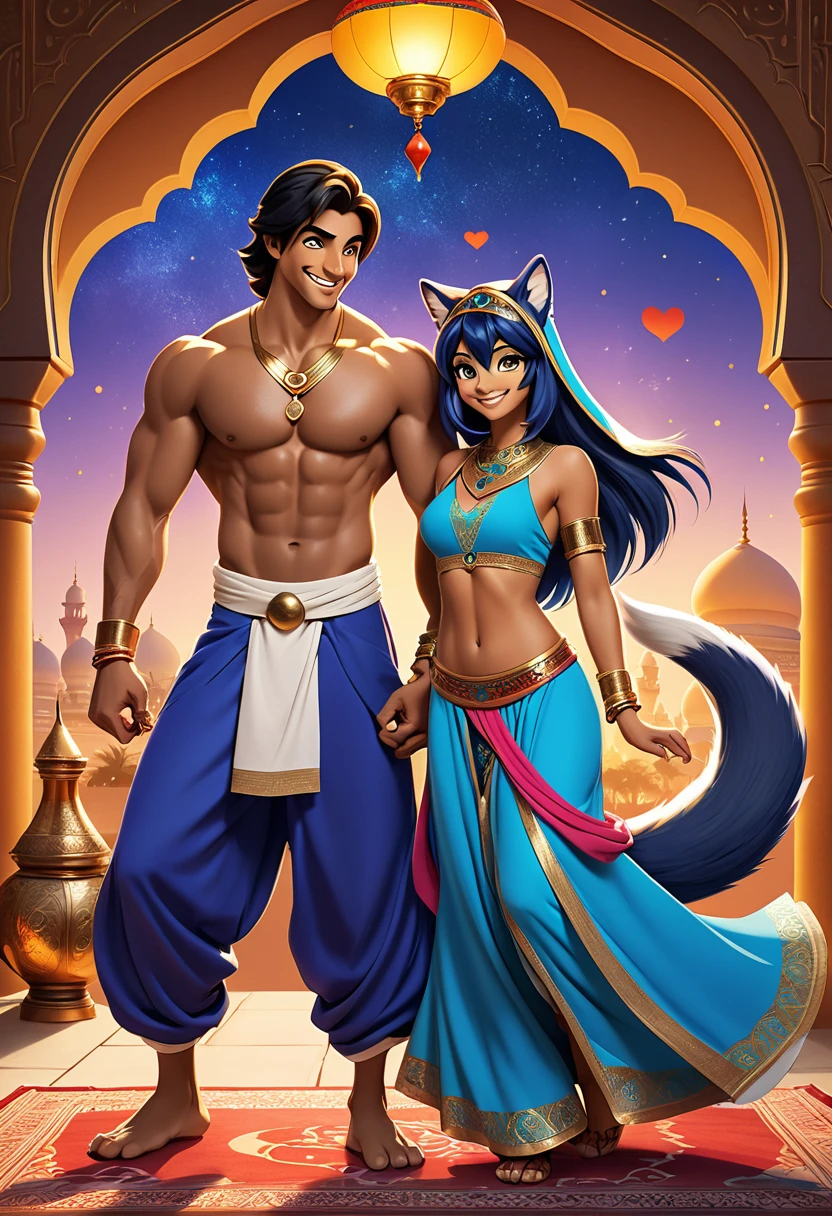movie poster, highres, top quality, best quality, paid reward available, unparalleled masterpiece, perfect artwork, absurdres, High-quality illustrations, super high resolution, detailed background, perfect anatomy(1girl, 1boy, couple, kemono, furry anthro, fearless smile, Arab national costume, love romance)Aladdin and the magic lamp,