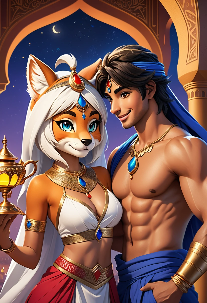 movie poster, highres, top quality, best quality, paid reward available, unparalleled masterpiece, perfect artwork, absurdres, High-quality illustrations, super high resolution, detailed background, perfect anatomy(1girl, 1boy, couple, kemono, furry anthro, fearless smile, Arab national costume, love romance)Aladdin and the magic lamp,