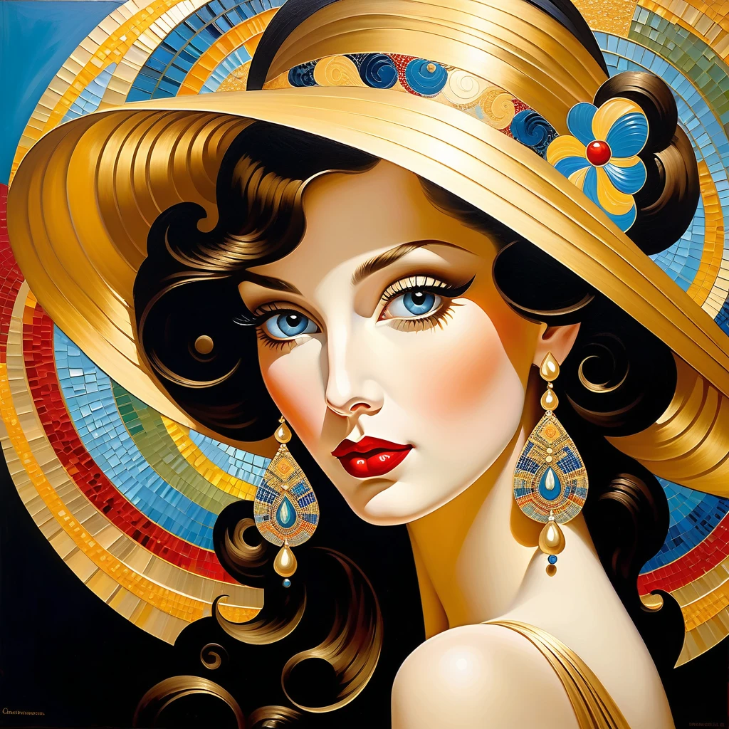 fine arts, oil painting, thick brushes, uma senhora chic perdida em seus sonhos, Inspired by [Gustav Klimt | Vicente van Gogh | Pablo Picasso | Gil Elvgren], ha, captivating mosaic wall, swirls, triadic colors, art nouveau, Byzantine Mosaics, golden accents, elegance, sophistication, chic, highly refined, fashionable, complex background, Eternal, luxury, subtle, gracious, sophisticated, Intricate patterns, sensual shapes, complex textures, dramatic lighting, emotional depth, desembaçado, perfect cohesive composition