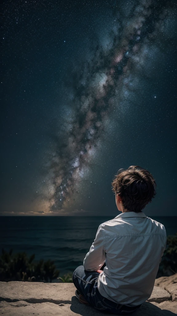 Boy sitting with his back looking at the horizon of the Universe and its galaxies