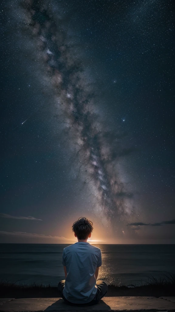 Boy sitting with his back looking at the horizon of the Universe and its galaxies