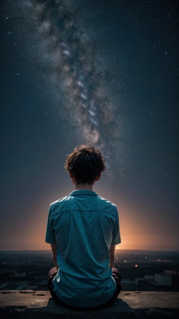 Boy sitting with his back looking at the horizon of the Universe and its galaxies