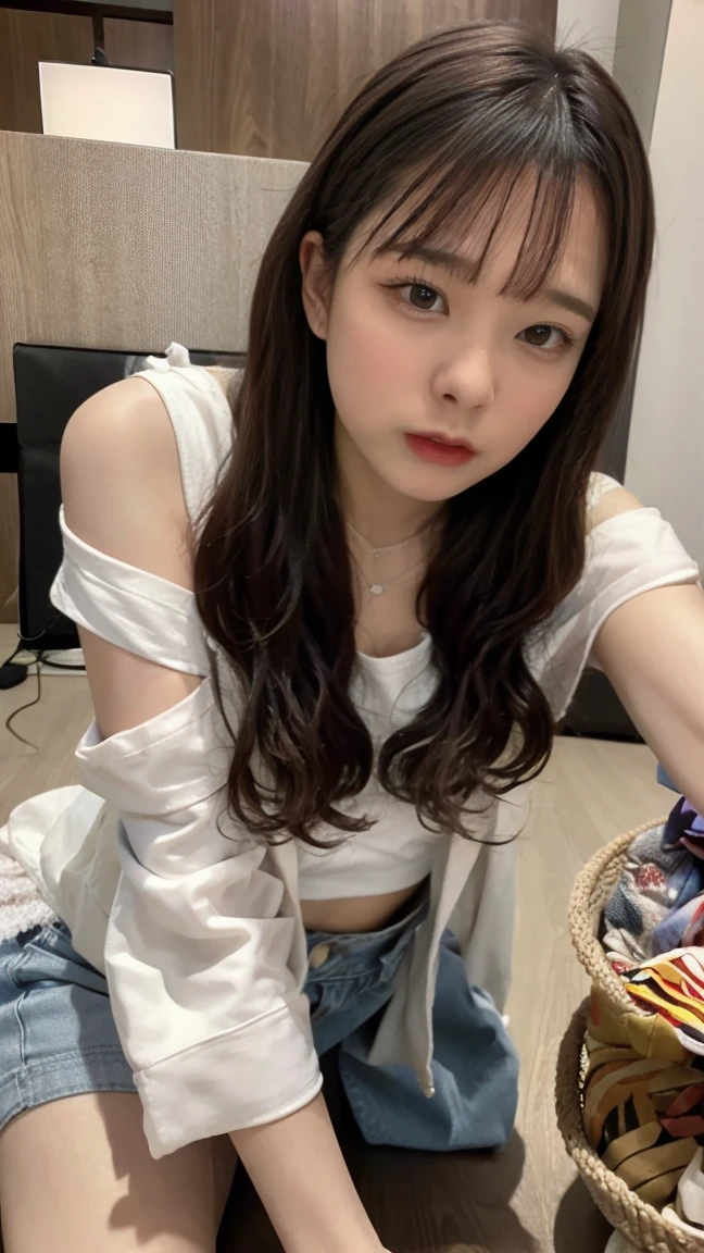 Open shirt, (((Leaning forward))), ((,Round face, Around 17 years old,mini skirt、A loose-fitting tank top)), Long Hair, , Natural Makeup, Lips become thicker, Sexy Gaze, barefoot, ((Raise one leg)), Shooting from below,Gentle expression ,((Extremely precise and accurate anatomy)), (masterpiece:1.43), Perfect proportions, Realistic photos, Full Shot, whole body,
