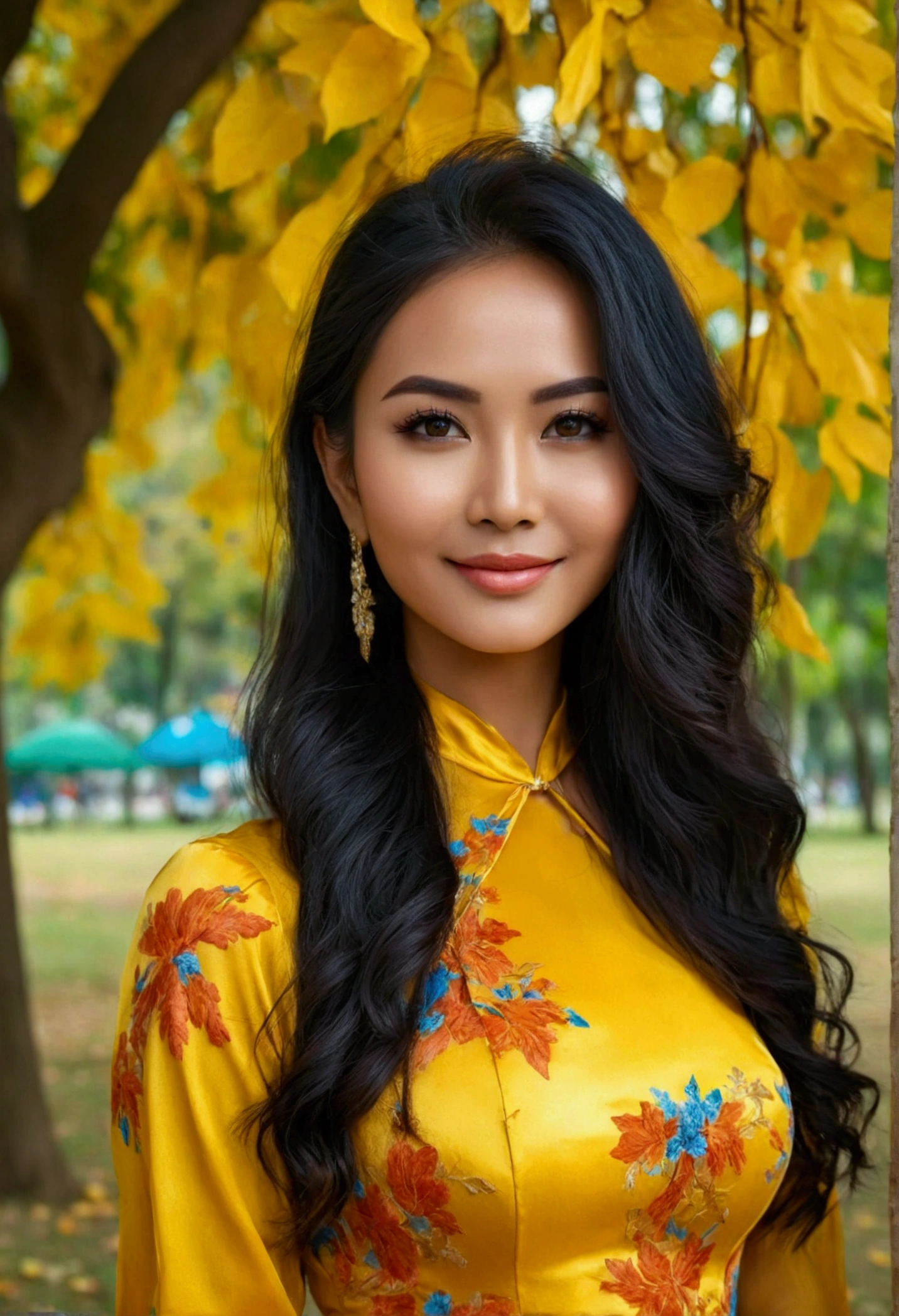 RAW photo, portrait of gorgeous Burmese woman in the park, smiled, dark eyebrows, autumn vibes, vivid colours, intricate details, vivid colours, exquisite masterpiece, UHD, ultra detailed, award winning photography, captured using DSLR camera, Burmese girl yellow blue Silk dress attractive curvy full body. Friends full-length bikini, ( Dress too shiny dress) reflective long dress painted with flower patterns, only dress. hi gh hips High resolution High resolution natural background High resolution HD 3D, 8K