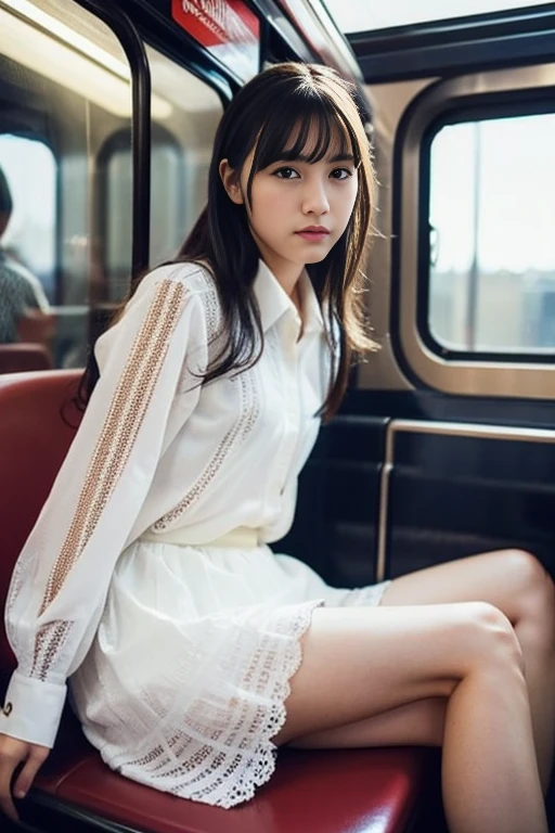 (Realistic:1.3), Shadowy Face, Depth of written border, , 
Beautifully detailed illustrations,Great art,(((Very detailed))),
One girl sitting,bangs,high school girl,sleep,close your eyes,White panties,skirt,
Cowboy Shot,from before
,(((Very detailed))),in the train，ミニskirt, I can see her panties，