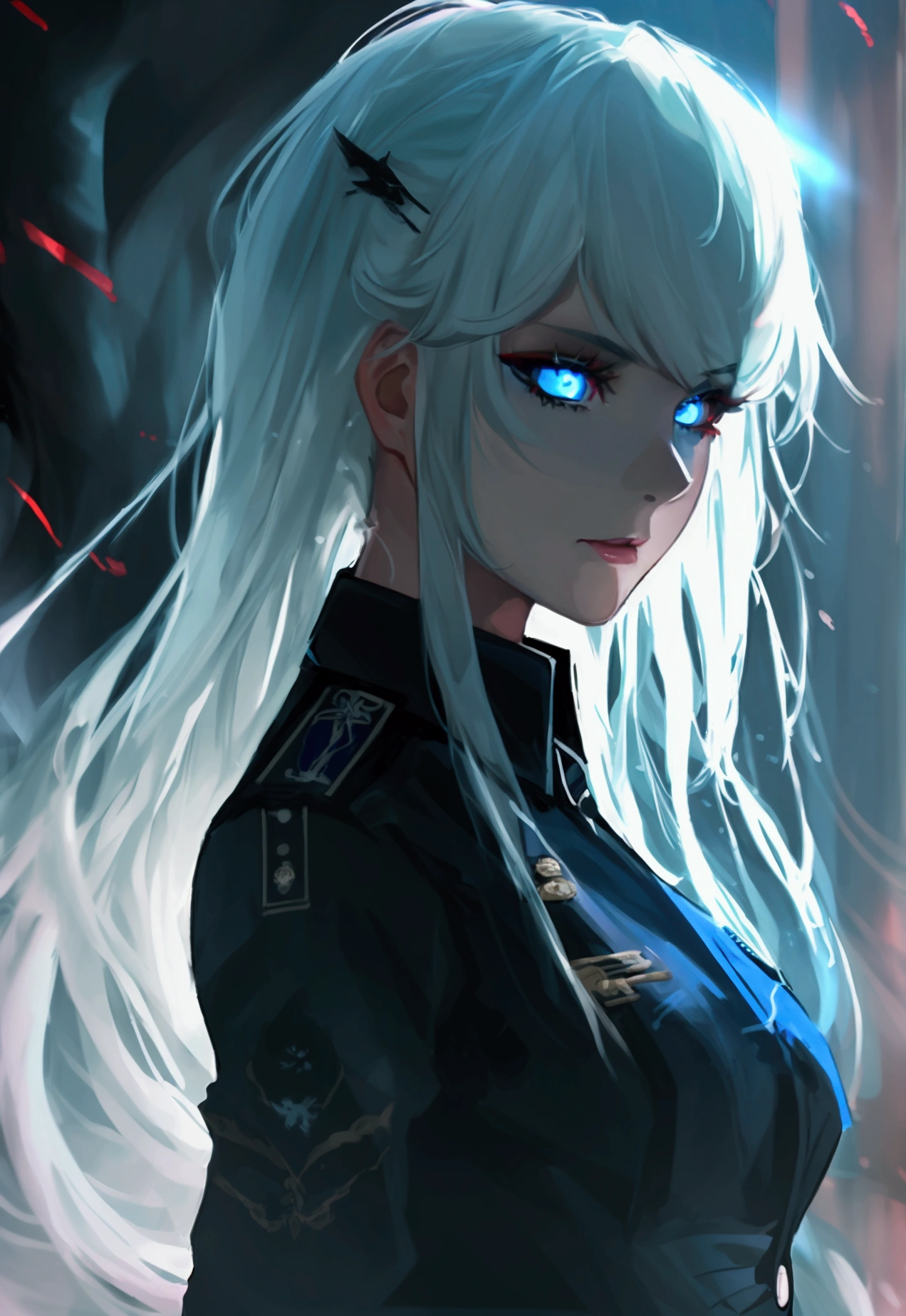 (best quality,4k,8k,highres,masterpiece:1.2),1girl,anime,military uniform,dark blue uniform,long white hair,white eyes,evil look,detailed face,detailed eyes,detailed lips,longeyelashes,digital art,cinematic lighting,dark moody atmosphere,dramatic shadows on three sides