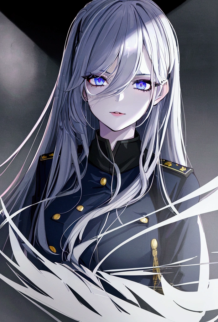 (best quality,4k,8k,highres,masterpiece:1.2),1girl,anime,military uniform,dark blue uniform,long white hair,white eyes,evil look,detailed face,detailed eyes,detailed lips,longeyelashes,digital art,cinematic lighting,dark moody atmosphere,dramatic shadows on three sides