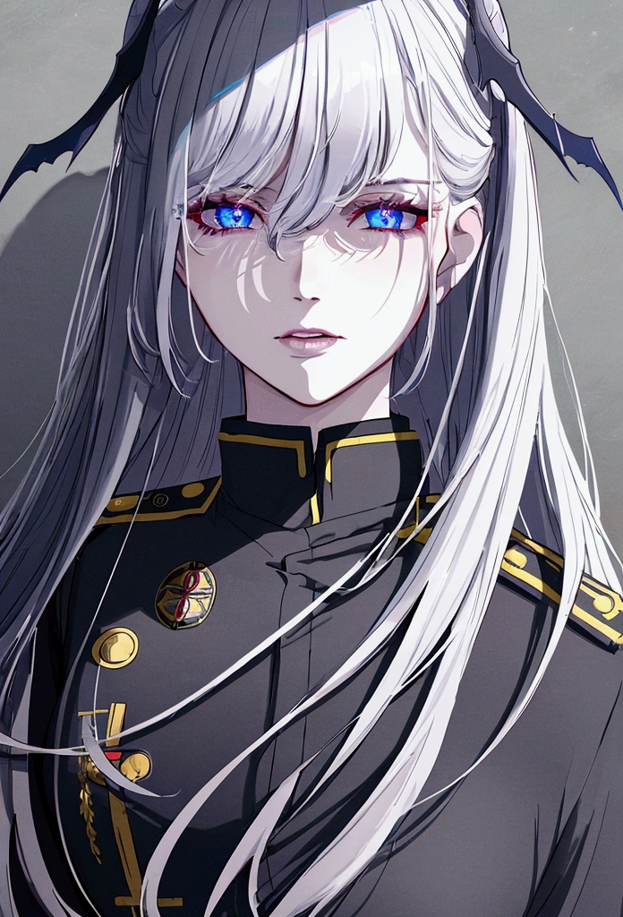 (best quality,4k,8k,highres,masterpiece:1.2),1girl,anime,military uniform,dark blue uniform,long white hair,white eyes,evil look,detailed face,detailed eyes,detailed lips,longeyelashes,digital art,cinematic lighting,dark moody atmosphere,dramatic shadows on three sides