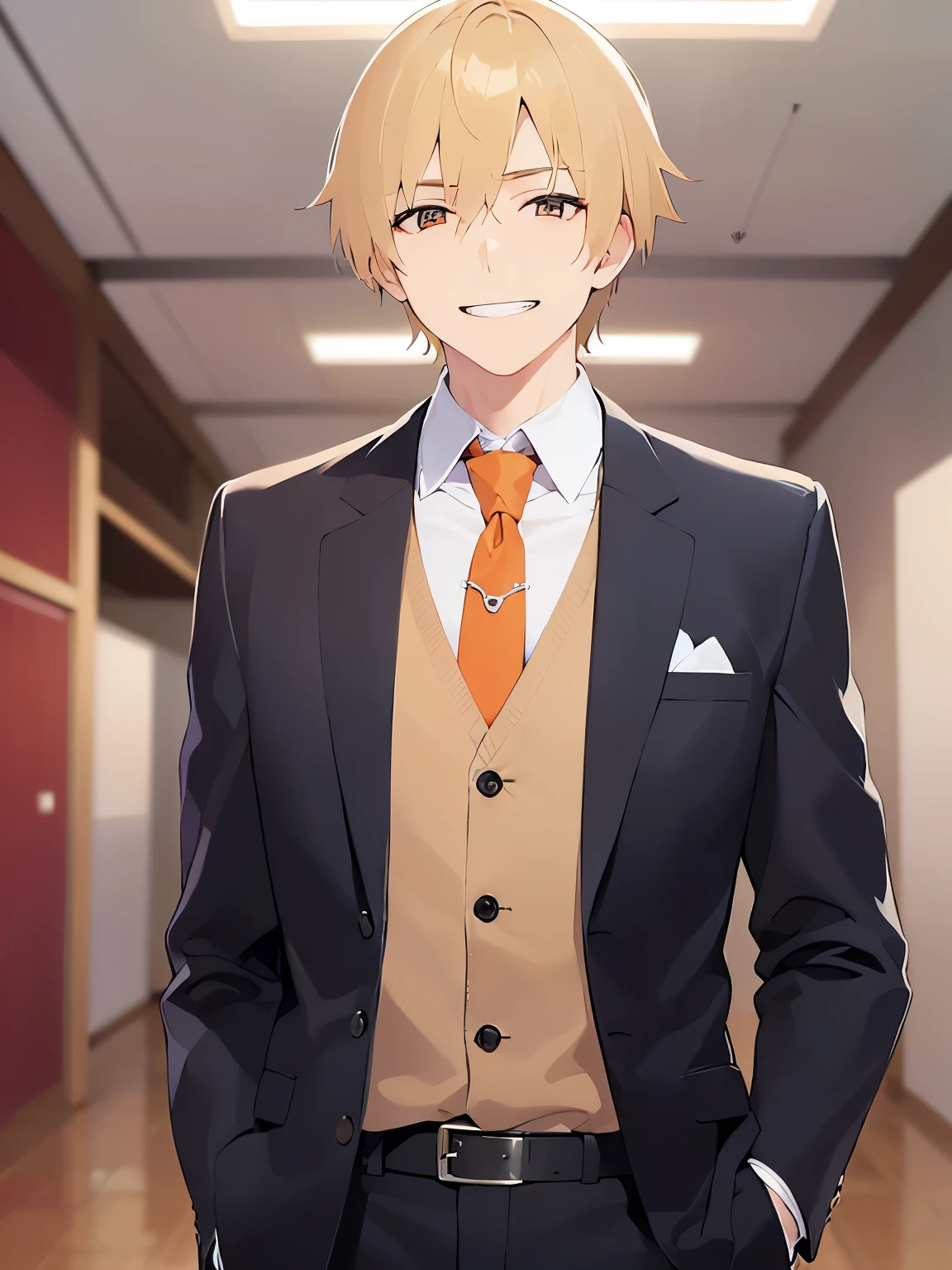 upper body、shiny skin、masterpiece、Highest quality、BREAK (25-year-old male:1.5) and (Blonde short hair) and (Orange eyes), (Wearing a suit:1.3) and (tie) BREAK 立っている、(grin:1.5)、The background is the office、(alone:1.5)、Upper body is shown、