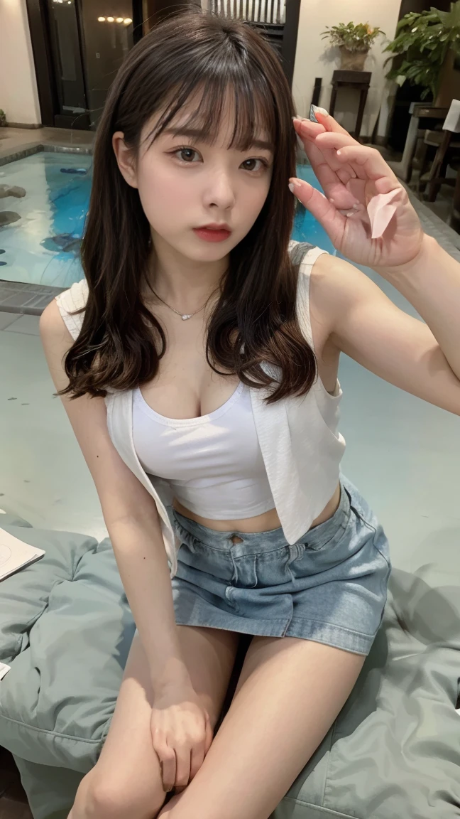 Open shirt, (((Leaning forward))), ((,Round face, Around ,mini skirt、A loose-fitting tank top)), Long Hair, , Natural Makeup, Lips become thicker, Sexy Gaze, barefoot, ((Raise one leg)), Shooting from below,Gentle expression ,((Extremely precise and accurate anatomy)), (masterpiece:1.43), Perfect proportions, Realistic photos, Full Shot, whole body,