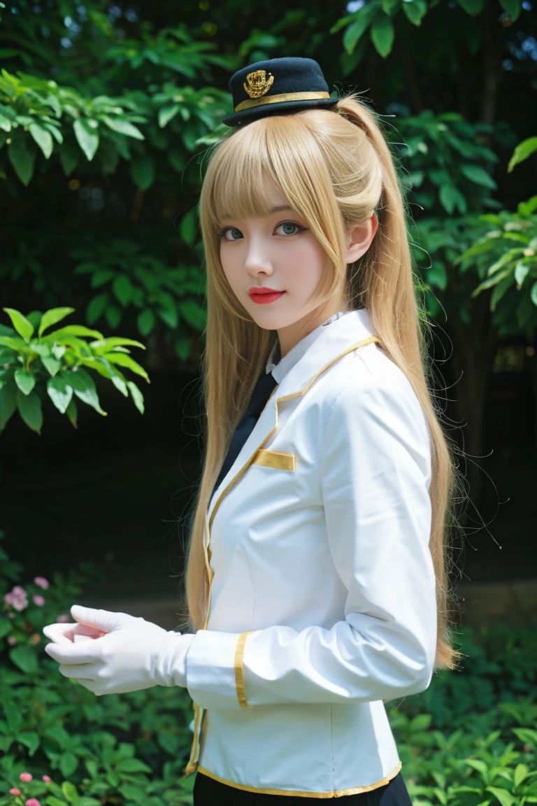 best quality, tmasterpiece,Ultra-high resolution,Clear face,(Reality:1.4),ferpect lighting,(upper body:1.5), (photorealistic:1.50), anime wallpaper, Guviz style artwork, cover-up fantasy up to magic , by Yang J, Guviz, beautiful artwork illustration, beautiful digital artwork, beautiful digital illustration, Li Song, beautiful anime portrait, art style in Beauvot, Minami Kotori, 1girl, 独奏,cosplay, looking at viewer,
long hair, blonde hair,bangs, side ponytail,single hair bun,
gloves, mini hat, pencil skirt, Miniskirt, long sleeves, police uniform,
outdoors,photo background, meadow, Garden, standing,