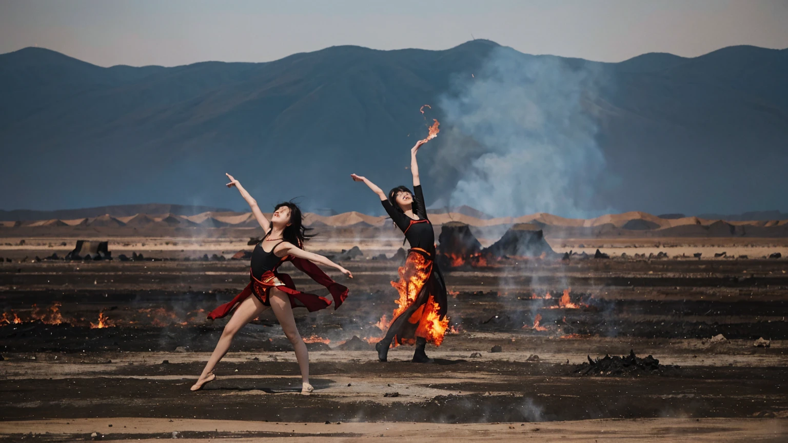 On a flat, desolate landscape, flames dance wildly across the barren earth. The charred ground blurs the line between despair and desolation. Your eyes are drawn to the fiery ballet in this wasteland.
