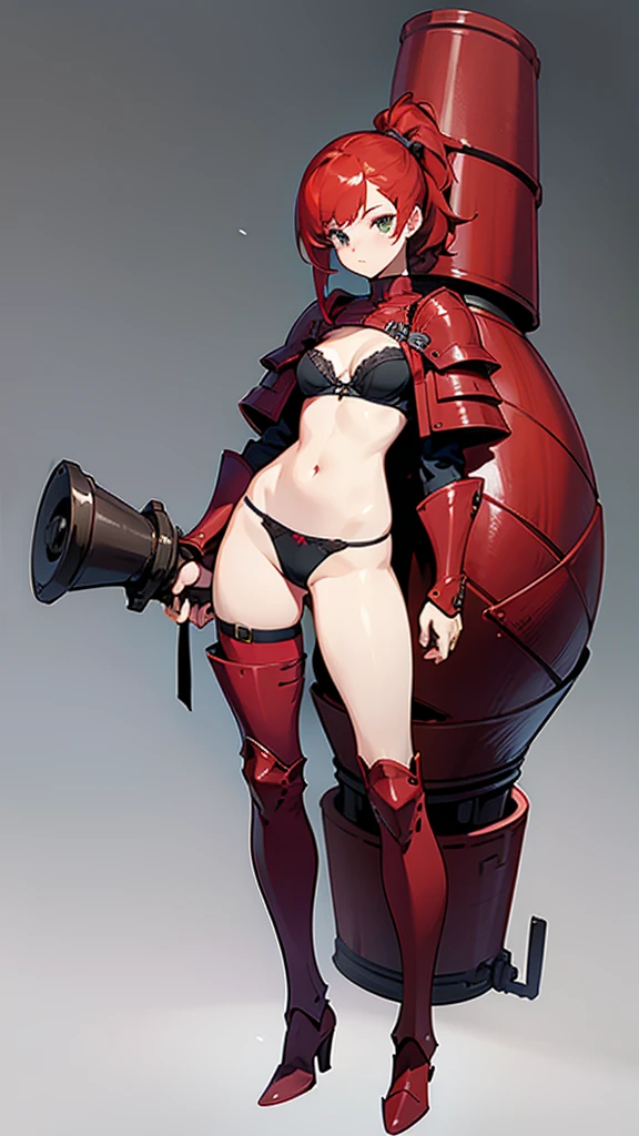 a girl wearing bra and panties only, full body shot, red hair, thigh high armored boots, simple background