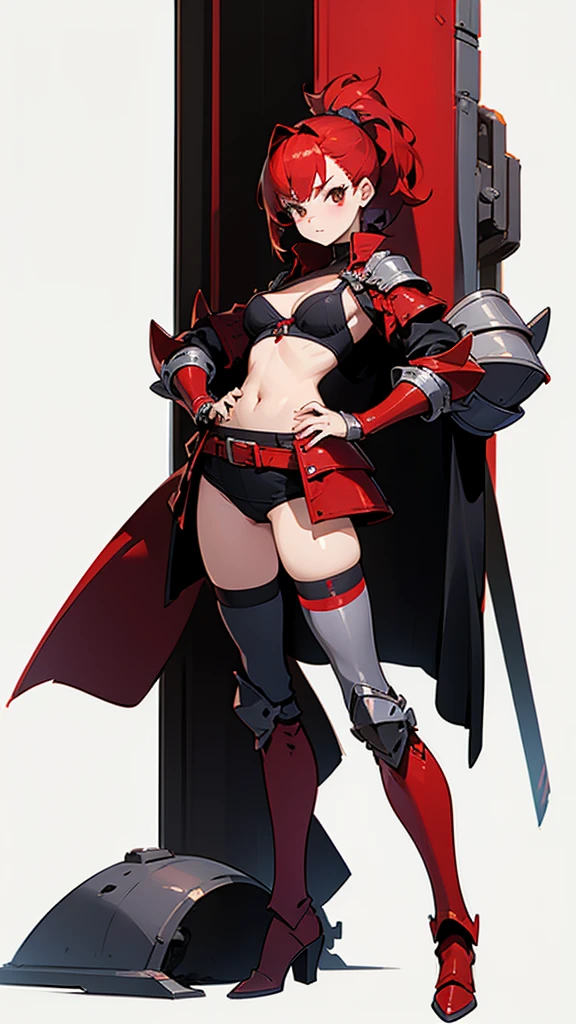 a girl wearing bra and panties only, full body shot, red hair, thigh high armored boots, simple background