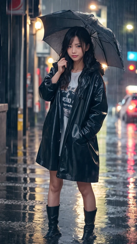 A woman, rain-soaked hair, rain-soaked face, rain-soaked clothes, messy hair, whole body wet with rain, , 20 years old, beautiful, pretty face, cute face, rainy cityscape