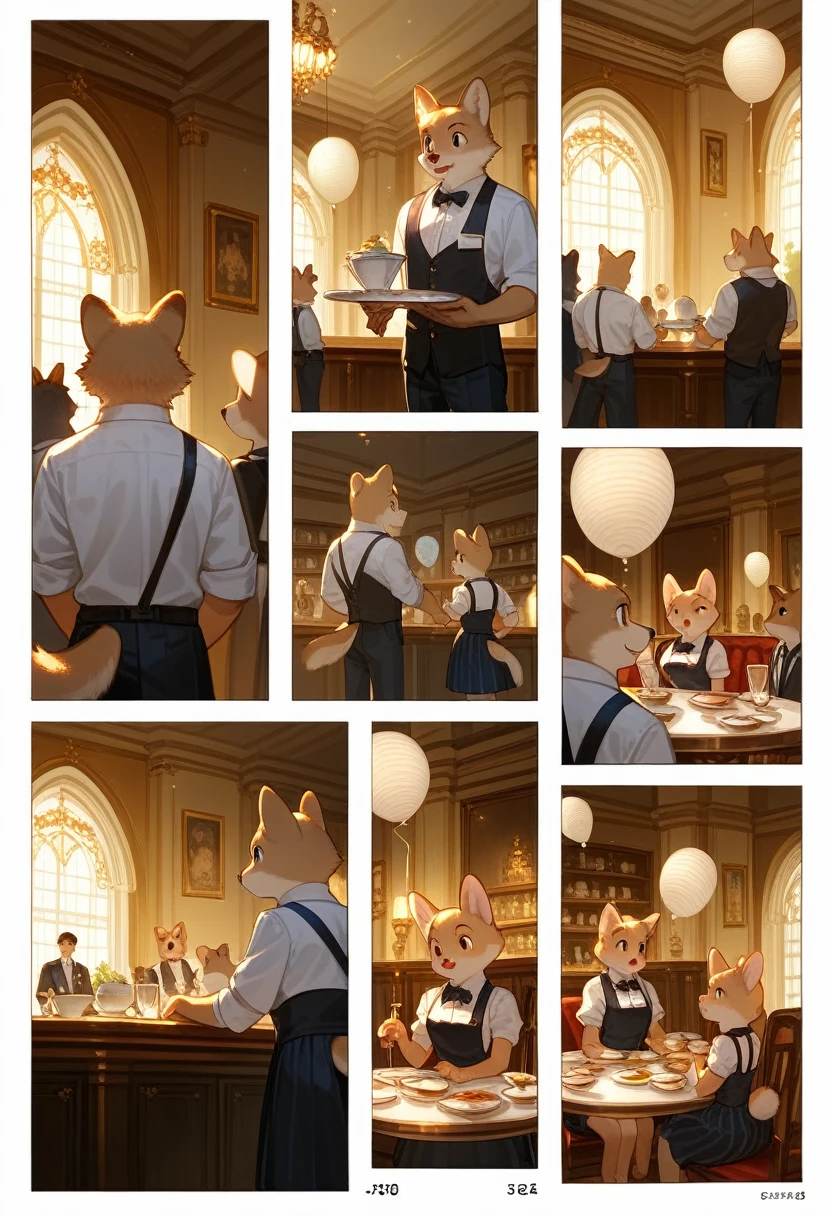 top quality, best quality, highres, masterpiece, super high resolution, detailed background, Casual reutaurant interior, part-time job, waiter, boys, girls, absurdres(highly detailed beautiful face and eyes)perfect anatomy, good lighting, cinematic shadow(kemono, furry anthro)assorted expressions, assorted poses, assorted angles, full body, upper shot, dynamic angle(girls comic-like panel layouts, speech balloon, English text, Hand-drawn sound effects stickers used in girls comic),