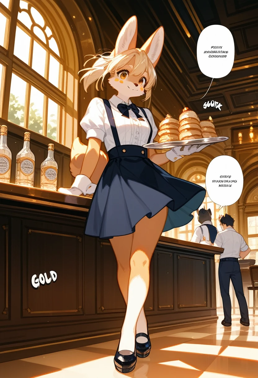top quality, best quality, highres, masterpiece, super high resolution, detailed background, Casual reutaurant interior, part-time job, waiter, boys, girls, absurdres(highly detailed beautiful face and eyes)perfect anatomy, good lighting, cinematic shadow(kemono, furry anthro)assorted expressions, assorted poses, assorted angles, full body, upper shot, dynamic angle(girls comic-like panel layouts, speech balloon, English text, Hand-drawn sound effects stickers used in girls comic),