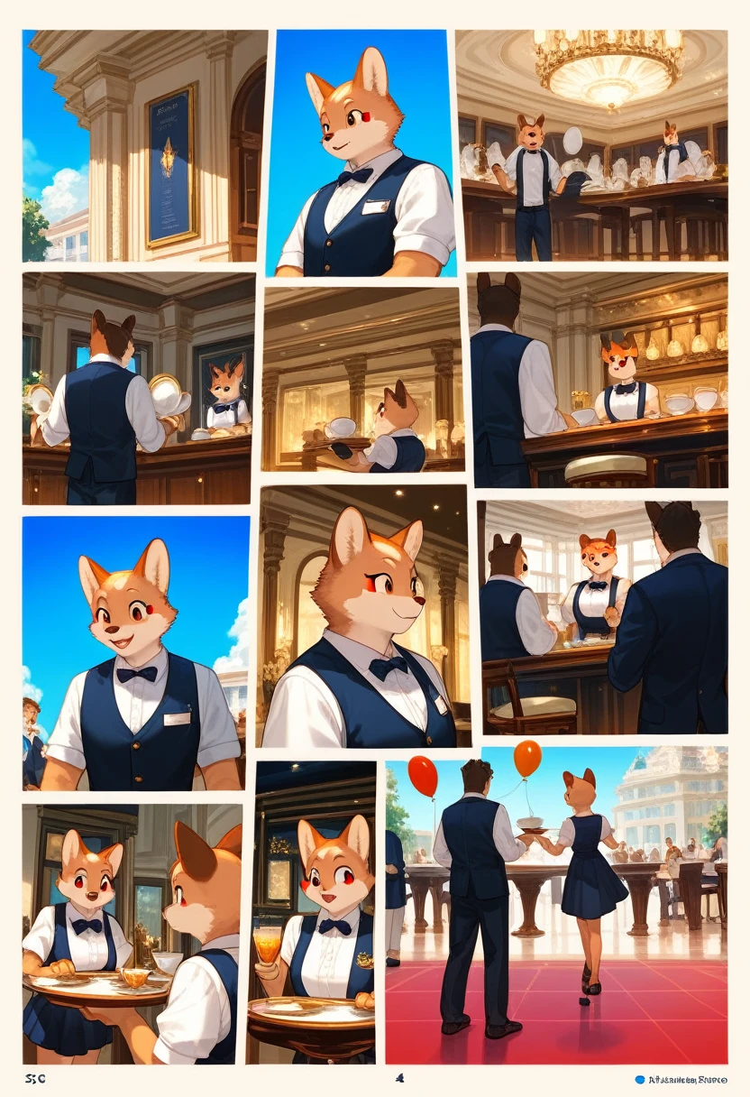 top quality, best quality, highres, masterpiece, super high resolution, detailed background, Casual reutaurant interior, part-time job, waiter, boys, girls, absurdres(highly detailed beautiful face and eyes)perfect anatomy, good lighting, cinematic shadow(kemono, furry anthro)assorted expressions, assorted poses, assorted angles, full body, upper shot, dynamic angle(girls comic-like panel layouts, speech balloon, English text, Hand-drawn sound effects stickers used in girls comic),