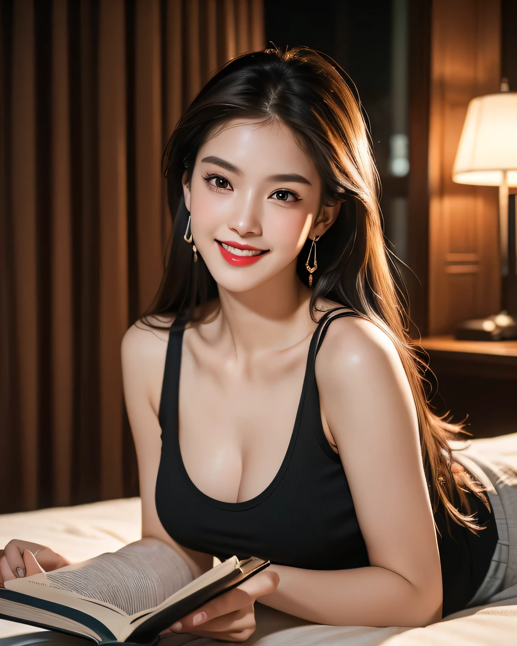 Ultra HD resolution,artistic photos,Professional candid Photography,((21 year very sexy girl, earrings, long brunette hair, cold ultra realistic skin, wearing tank top)), on bed, reading a book, in a room at night, smiling at viewer, natural red lips, attention to detail