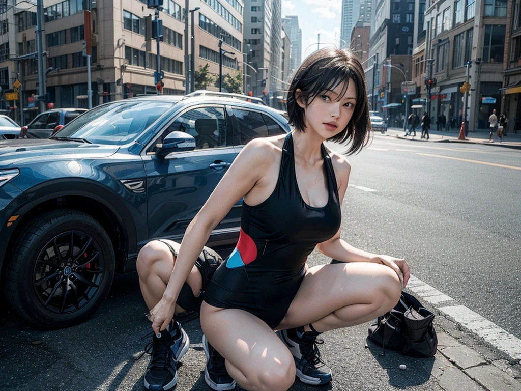 Battlefield Background，Huge explosion，Exploded buildings，A man in a blue one-piece tactical swimsuit，Black sneakers，Close-up shot of a short-haired girl with a holster tied to her leg squatting behind a car and shooting，Full body close-up，Realism