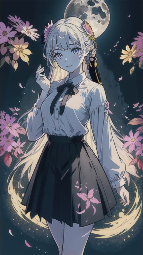 masterpiece, Highest quality, One girl, (colorful),(Beautifully detailed eyes and face),cinematic Lighting,Bust Shot,Highly detailed CG Unity 8k wallpaper,Gray Hair,alone,smile,Complex skirt,((Flying petals)),(Flowery meadow) null, cloudy_null, building, moonLight, moon, night, (Dark Theme:1.3), Light, Fantasy,