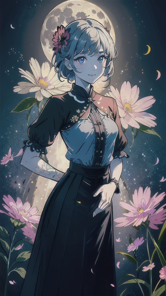 masterpiece, Highest quality, One girl, (colorful),(Beautifully detailed eyes and face),cinematic Lighting,Bust Shot,Highly detailed CG Unity 8k wallpaper,Gray Hair,alone,smile,Complex skirt,((Flying petals)),(Flowery meadow) null, cloudy_null, building, moonLight, moon, night, (Dark Theme:1.3), Light, Fantasy,