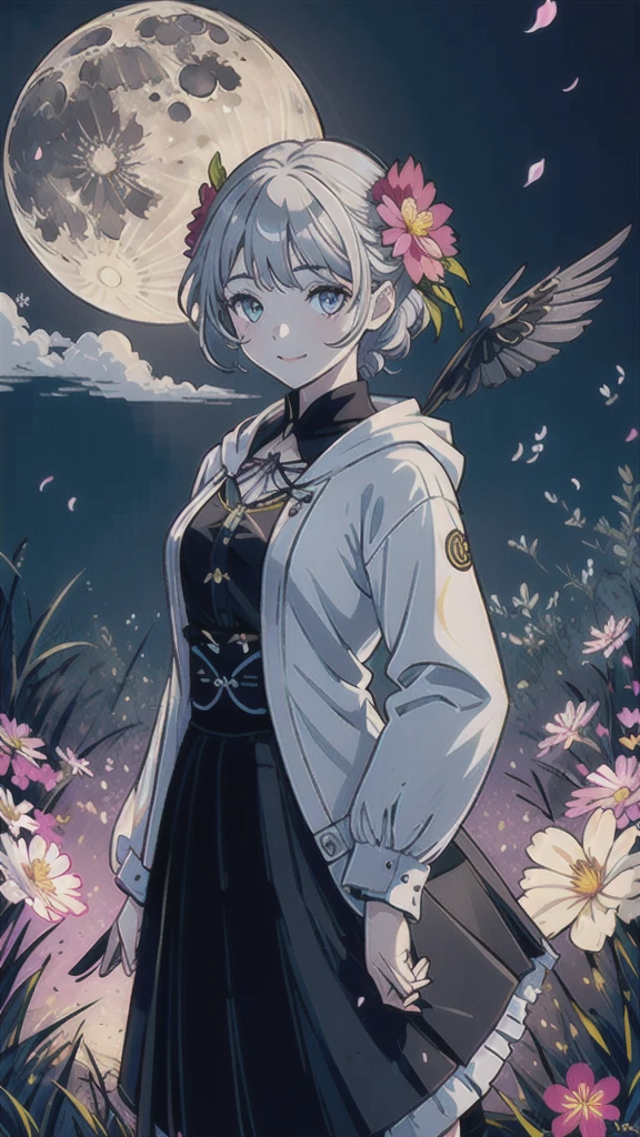 masterpiece, Highest quality, One girl, (colorful),(Beautifully detailed eyes and face),cinematic Lighting,Bust Shot,Highly detailed CG Unity 8k wallpaper,Gray Hair,alone,smile,Complex skirt,((Flying petals)),(Flowery meadow) null, cloudy_null, building, moonLight, moon, night, (Dark Theme:1.3), Light, Fantasy,