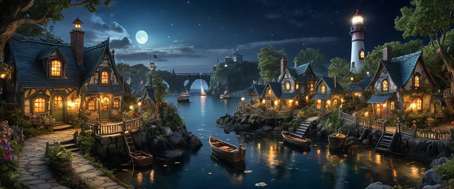 ais-olde, A whimsical scene of a ais-olde fairy village at night, with tiny harbor, fishing boats, a lighthouse, houses, bridges, and gardens all intricately detailed to look ais-olde, smoke from chimneys, buildings with ethereal lights dark, atmospheric, dynamic, cinematic, masterpiece, intricate, hdr.