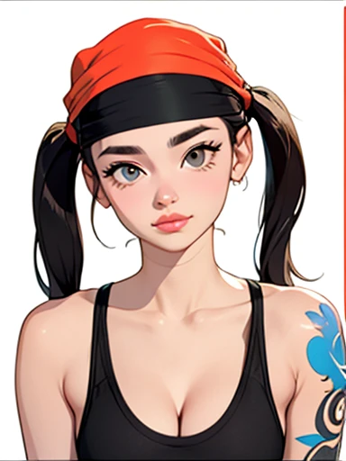 Flat colors, close up, portrait of a 25 year old surfer looking girl, pale skin, young woman,full lips, symmetrical face, combination of (Korean:1.1), (Jennifer Connelly:0.8), (Ana de Armas:0.9), brunette natural beaty, beautiful, casual, pigtails,bandana, tank, tattoo, shorts and sunglasses,portrait, playful, smirking, movie poster style, standing Cleavage simply white background