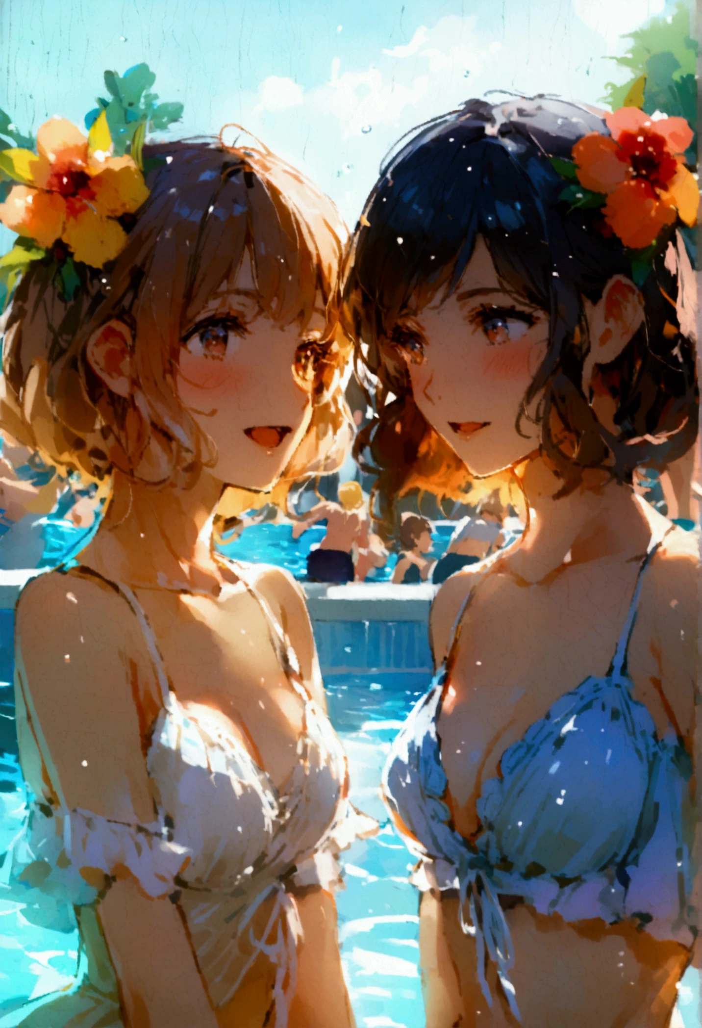 Many people in summer dresses are dancing by the pool、summer night