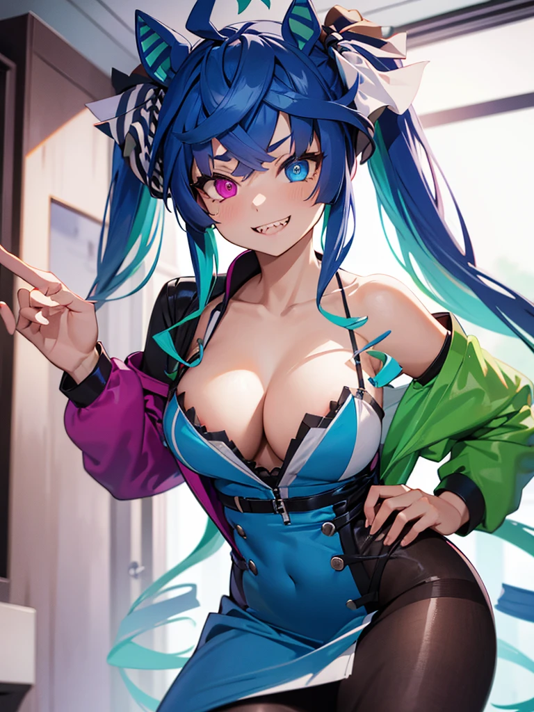 (masterpiece、top-quality、hight resolution), A scene in which a customer meets a designated sex worker in a waiting room. From the customer's perspective, the scene depicts the sex worker approaching with a professional and charming smile. The waiting room is simply decorated. The sex worker is wearing an attractive cocktail dress and is sexually attractive. The sex worker tells the customer. 'Thank you for your appointment. I will give you the night of your dreams." Twin_Turbo_Umamusume, aqua hair, twintails, heterochromia, purple eyes, blue eyes, sharp teeth, multicolored hoodie, hores tails, nsfw, Glossy Dresses