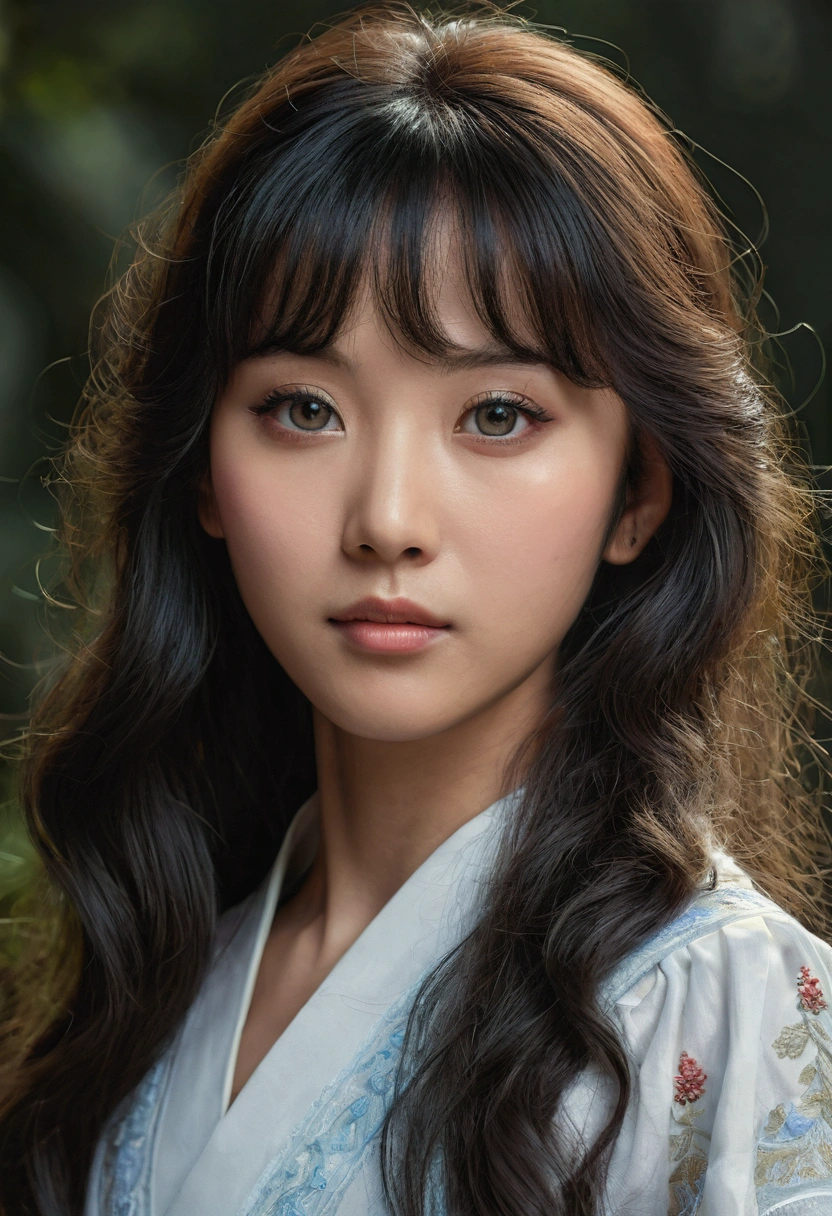 (detailed and realistic portrait of a girl with a clean face), (round eyes and long flutters hair shot outside),staring at camera,magical photography, dramatic lighting, photo realism, ultra-detailed,
intimate portrait composition, (centered image composition),(close up shot:1.6),best quality,f/1. 8, 85mm,
(28years asian woman), black_hair, bangs,(black_eyes:1.2),(bangs),makeup,white_dress,
(hazy blue_sky_background)