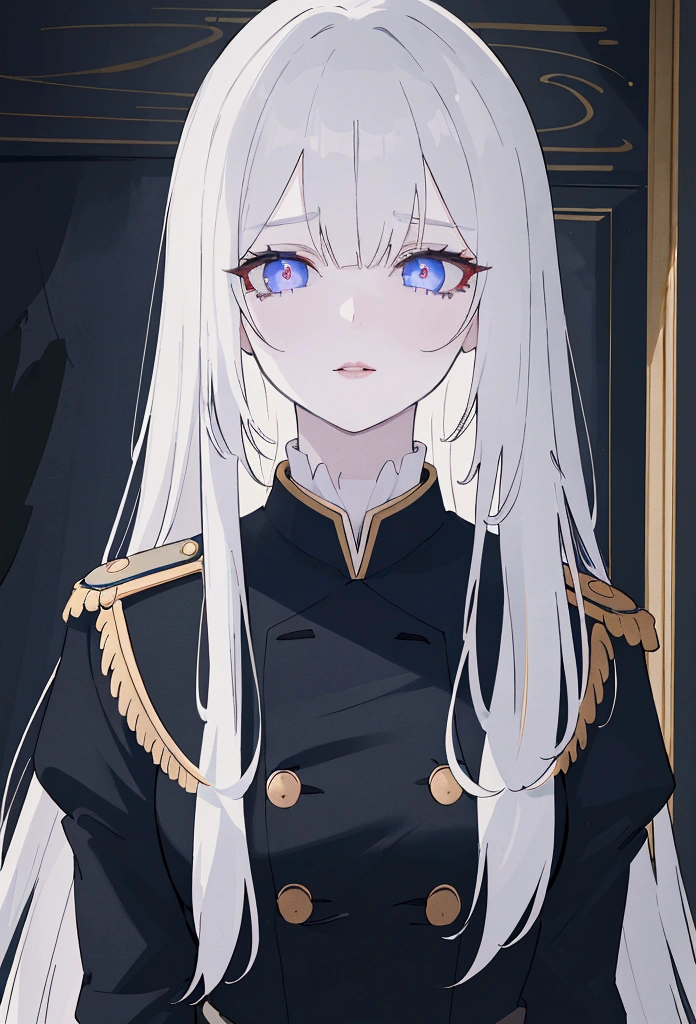 (best quality,4k,8k,highres,masterpiece:1.2),1girl,anime,military uniform,dark blue uniform,long white hair,white eyes,evil look,detailed face,detailed eyes,detailed lips,longeyelashes,digital art,cinematic lighting,dark moody atmosphere,dramatic shadows on three sides