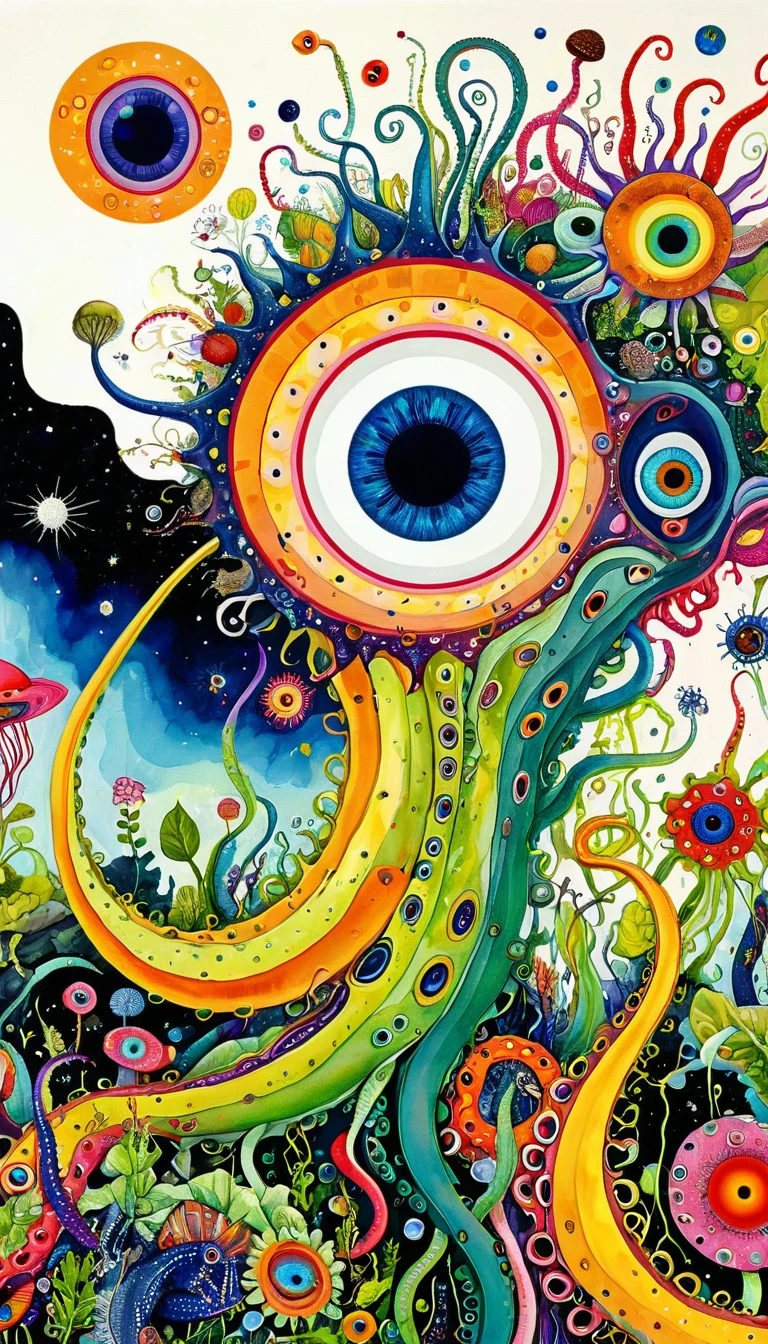"Dick Ellescas Artist Style",root,earthworm,Caterpillash,Tentacles,Eye、diatom,Stitching together an abstract painting,Describing the inner world of autistic people,Sense of space,White Space,interesting,Innocence,Psychedelic Art,theme