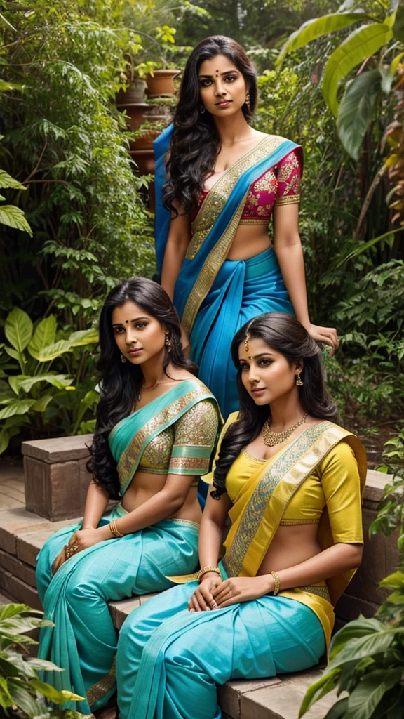 Five beautiful fair Indian womans wear saree sitting at garden 