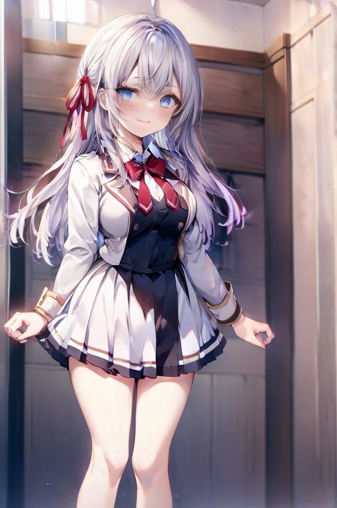 Alisa Mikhailovna Kujou、blush,smile、Silver Hair、Blue Eyes、uniform、Red ribbon、Ahoge、Usual hairstyle、Beautiful legs、Full body view、Highest quality, High resolution, unity 8k wallpaper, (shape:0.8), (Beautiful and beautiful eyes:1.6), Highly detailed face, Perfect lighting, Highly detailed CG, (Perfect hands, Perfect Anatomy),