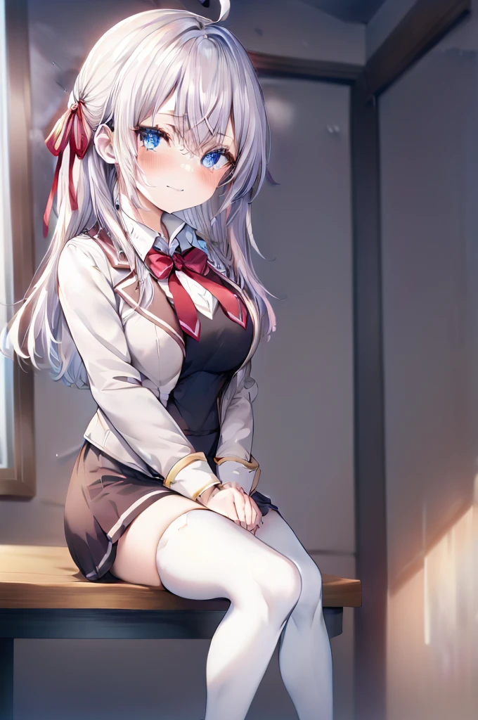 Alisa Mikhailovna Kujou、blush,smile、Silver Hair、Blue Eyes、uniform、Red ribbon、Ahoge、Usual hairstyle、Beautiful legs、Full body view、Highest quality, High resolution, unity 8k wallpaper, (shape:0.8), (Beautiful and beautiful eyes:1.6), Highly detailed face, Perfect lighting, Highly detailed CG, (Perfect hands, Perfect Anatomy),