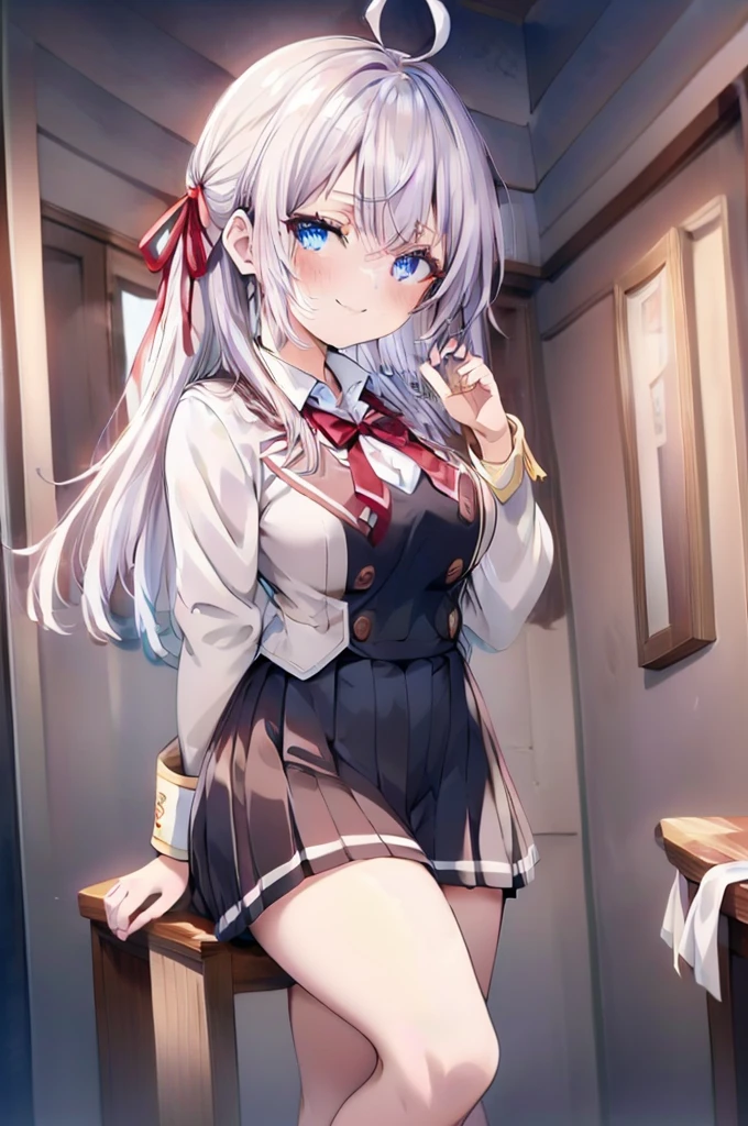 Alisa Mikhailovna Kujou、blush,smile、Silver Hair、Blue Eyes、uniform、Red ribbon、Ahoge、Usual hairstyle、Beautiful legs、Full body view、Highest quality, High resolution, unity 8k wallpaper, (shape:0.8), (Beautiful and beautiful eyes:1.6), Highly detailed face, Perfect lighting, Highly detailed CG, (Perfect hands, Perfect Anatomy),