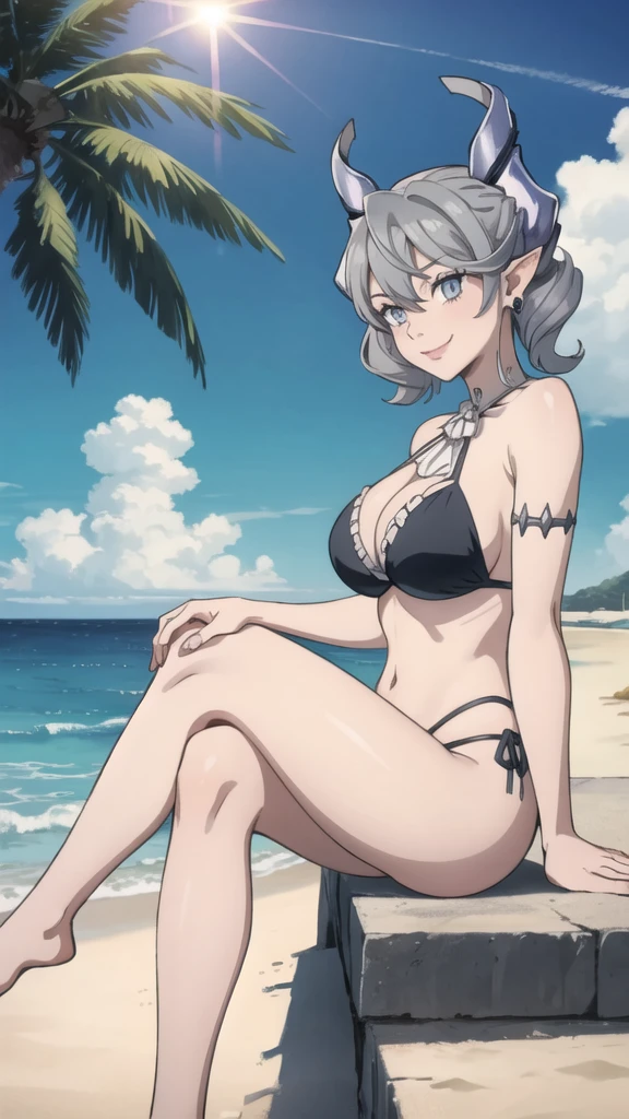 Beautiful arts wallpaper Sunset Outside castle top High level image quality best image quality 8K adult woman silver castle outside more colors whole body view portrait wearing pure black bikini horn ears short hair((shortcut)(gray hair)(perm)(fluffy)) eye color is blue , , attractive evil face , smile , beach , labrynth , barefoot , teasing with her breast, , sitting with crossed legs , big waves , alot of palm trees