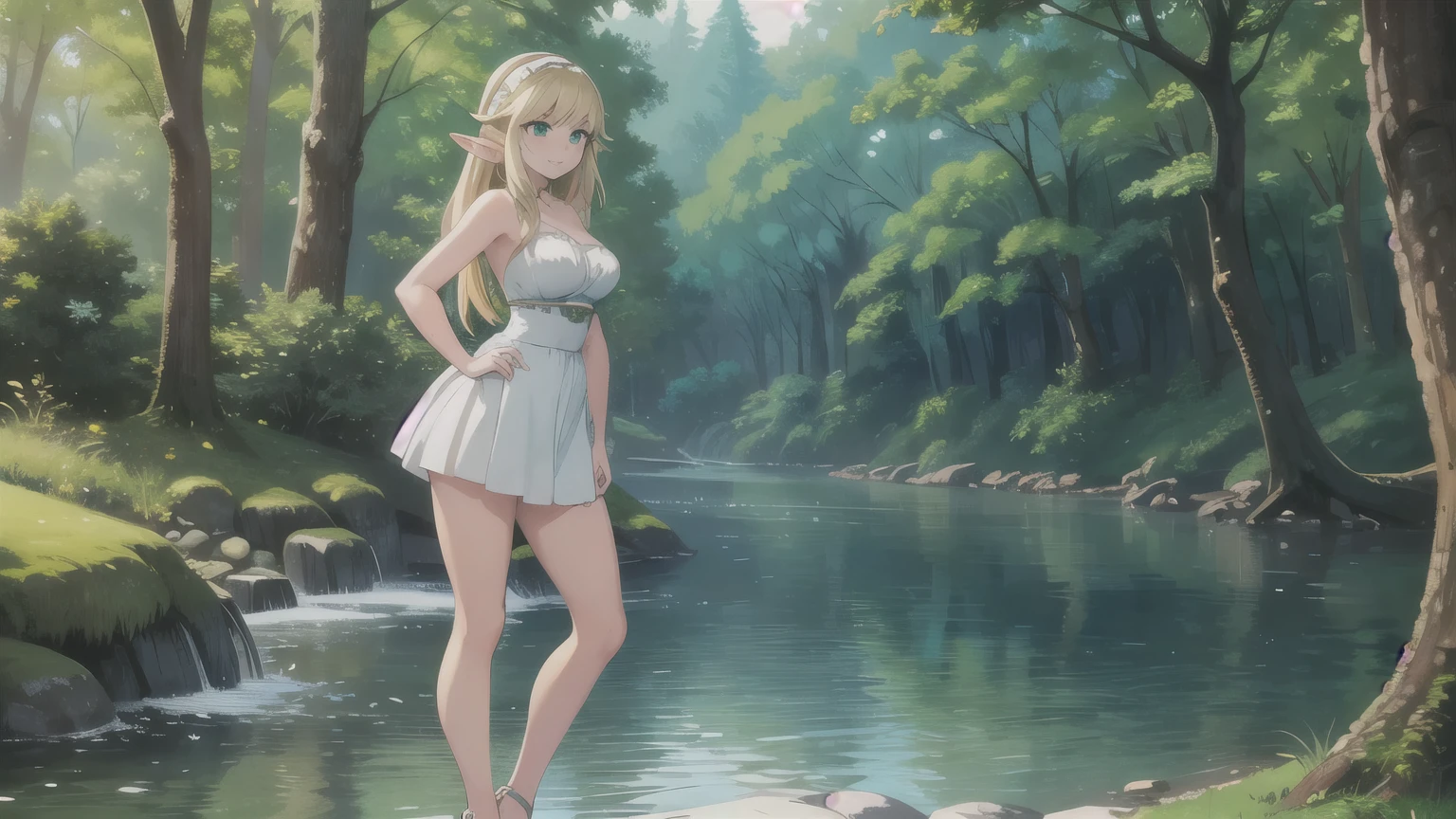masterpiece, Best quality, 1 girl, elf, green eyes, blonde, (standing:1.1), (the forest:1.1), POV, Perfect eyes, hands at sides, River, portrait, whole body, smile, Sandals with heels, Beautiful landscape, trees