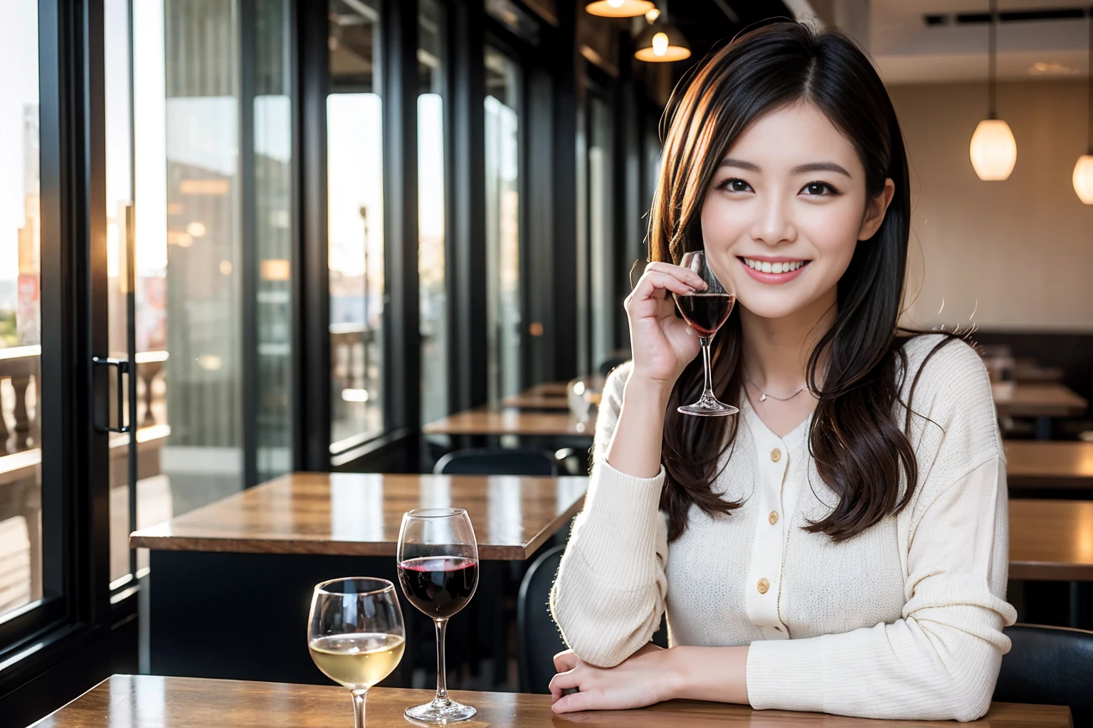 ((Highest quality、8K、masterpiece:1.3))、cute、slimカップル、modelカップル、actress男優、(Realistic, Intricate details:1.2), full-course dinner、Wine Party、Amazing view of the sunset sky and clouds、A bright smile、short hair,Bright Face、 (Age 37), Age 42, red wine 、Appetizers、Italian food、Wine bottle、Champagne、sparkling wine、Two beauties、Brown Hair、Shortcuts、Long sleeve shirt、dress、Beautiful woman 1, (slimな顔), (The body is slim), (Brown Hair), (Shortcuts), cheeks turn a little red,Attractive beauty、restaurant, In a prominent place (From the waist up) Nova Frog Style, actress, model, Upper Body, White wine, slim, wine glass, 中央に置かれたwine glass, smile, (smile: 1.15), Beautiful fine grain, Depth f/2,saturation, High Contrast, Strong light and shadow,Moist Body:1.5、3D texture、Delicate eyes、Brown Hair、The hair is very shiny、