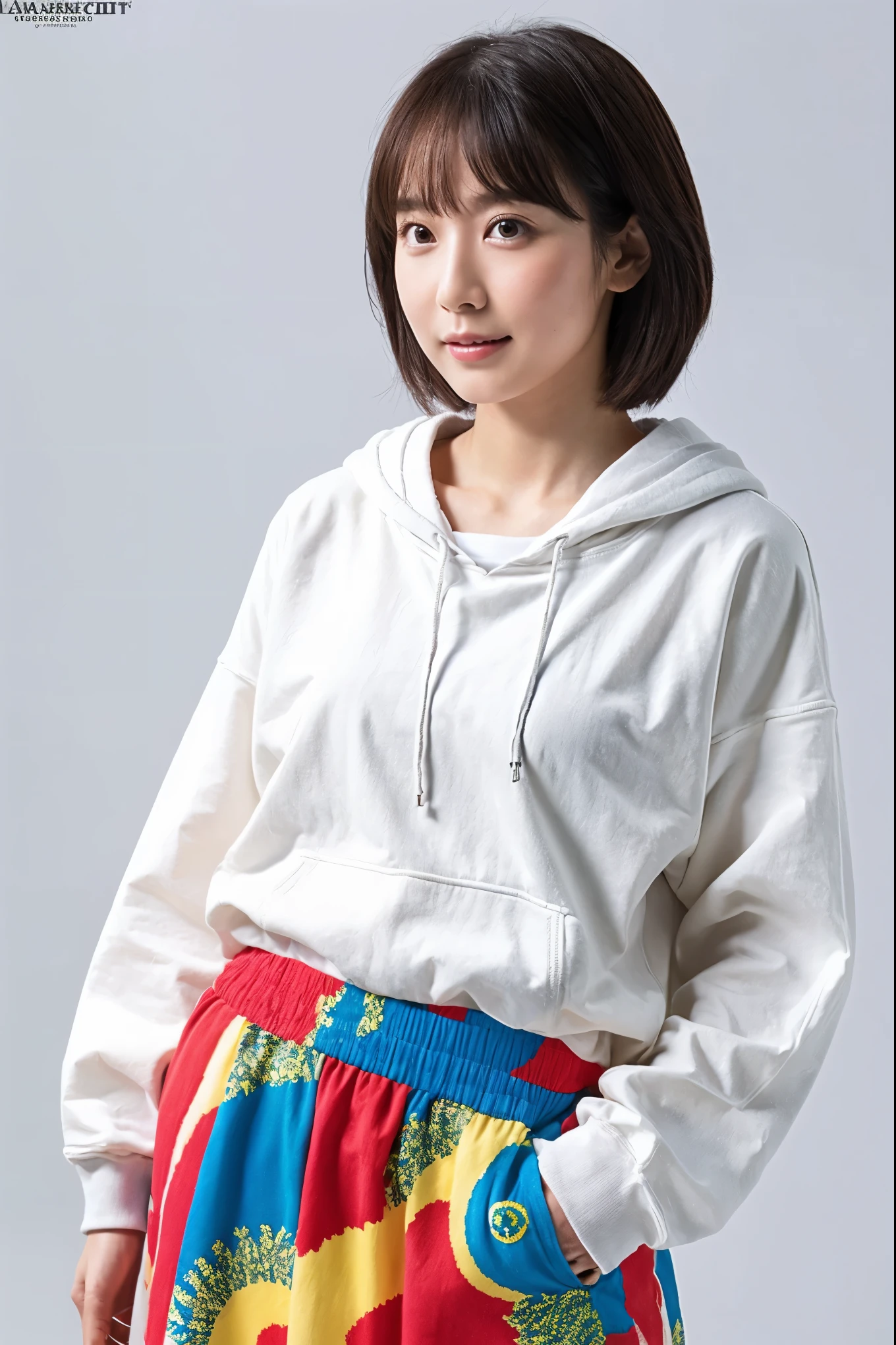 (Highest quality, 8K, 32k, masterpiece, Ultra-high resolution:1.2),Beautiful Japanese Women Photos, Rainbow clothes、Rainbow hoodie、Large Breasts, Very short bob hair,Gray Hair, Simple Background, From above, View your viewers,White Hair、White background、Colorful clothing、whole body、whole bodyのポートレート、piece