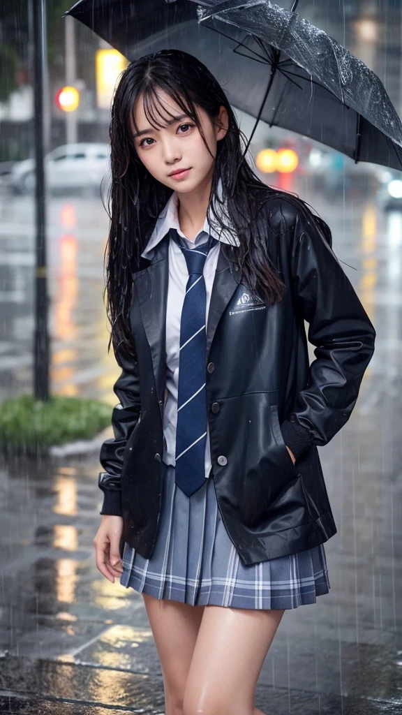 A woman, rain-soaked hair, rain-soaked face, rain-soaked clothes, messy hair, whole body wet with rain, (((school uniform))), 20 years old, beautiful, pretty face, cute face, rainy cityscape