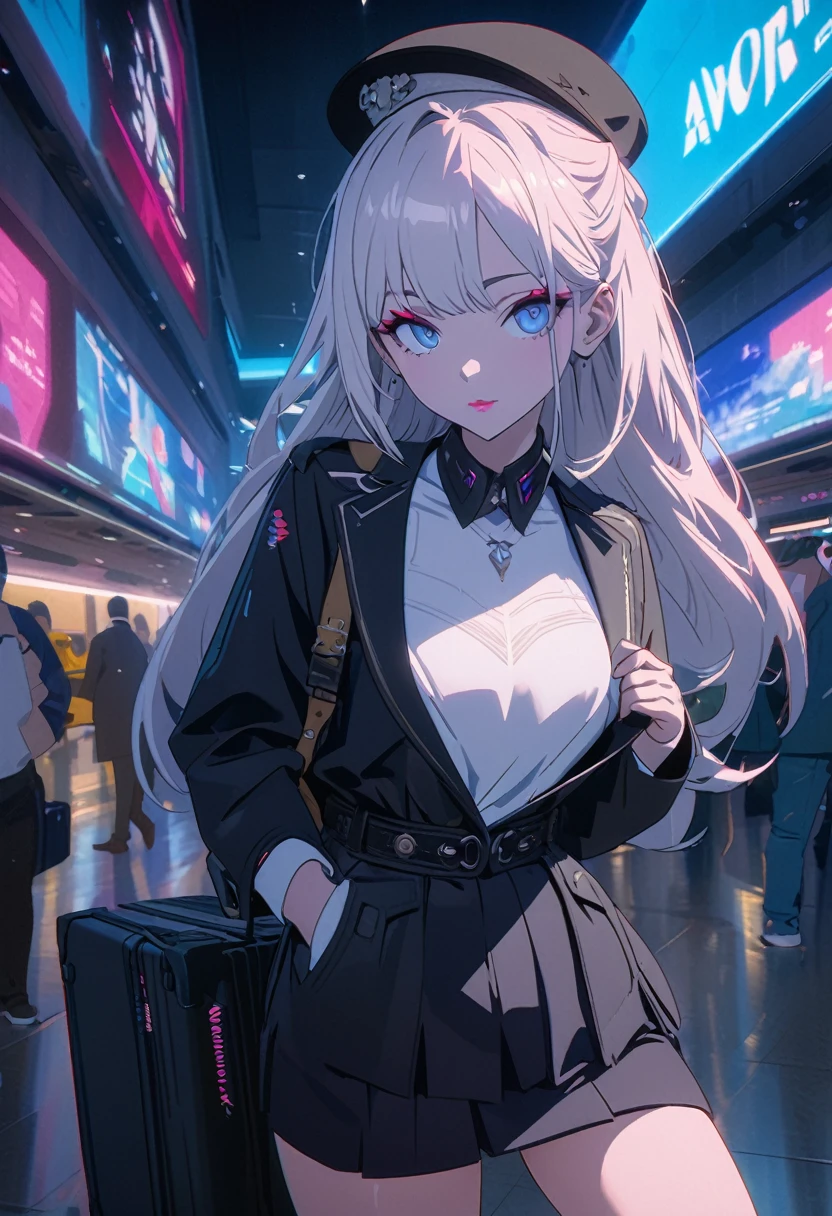 High resolution RAW color art, animation, Silver Marble Skin, (((Highly detailed elegant))), Magical atmosphere, Detailed skin, texture,(Exquisitely crafted, The finer details, Ultra-detailed art), Depth of written boundary, Silky Touch, Hyper Detail, Matte Drawing, Cobalt blue eyes, Elegant face,,Red eyeshadow,dior pink lips,Neon color,suitcase,Carry a backpack,The day of departure,Black jacket,White T-shirt,Short skirt,Wearing a cap,airport,airport８K,横を向いている大きな建物の中に帽子とsuitcaseを持ったアニメキャラクター, Anime Style 4 K, Digital Cyberpunk Anime Art, Modern cyberpunk anime, 最高のアニメ 4K , artstation pixivでトレンド, Anime Style. 8K, anime cyberpunk art, modern Anime Style, Digital Cyberpunk - Anime Art, 4Kアニメairport壁紙, Top rated on pixiv